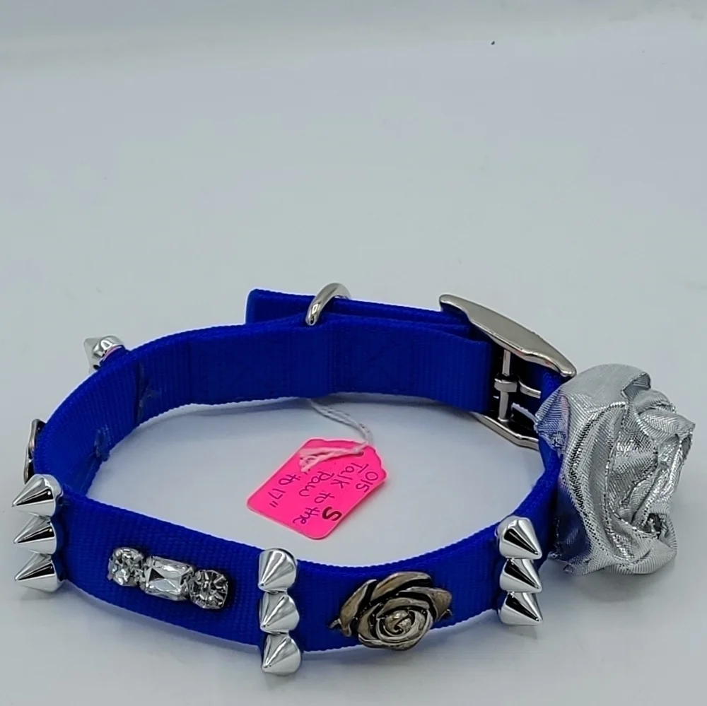 Top Paw Customized Dog Collar TALK TO THE PAW Blue Silver Flower Bling S…